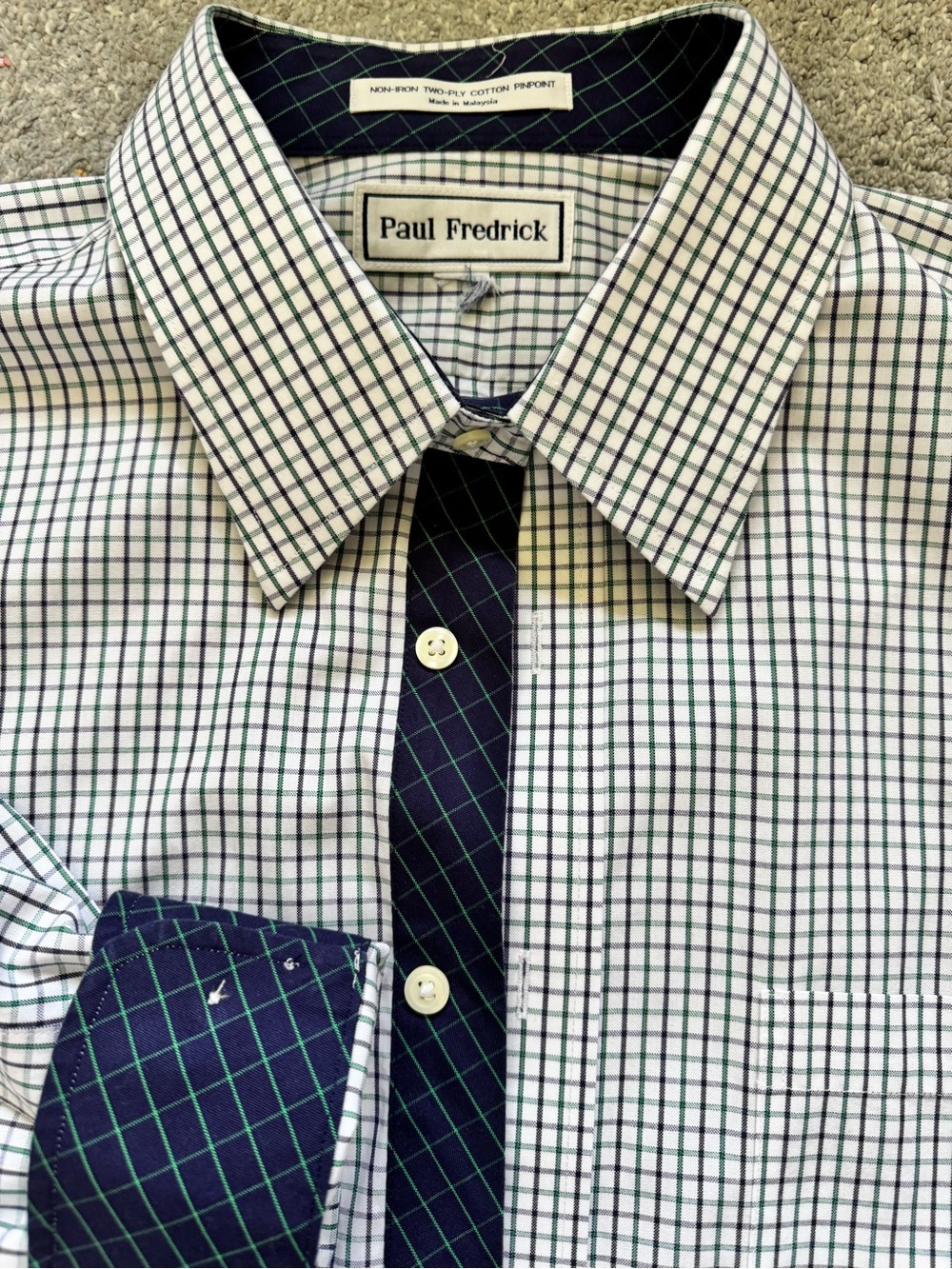 Paul Fredrick Non Iron Cotton Pinpoint Window Pane Shirt 17/34 White/Navy/Green